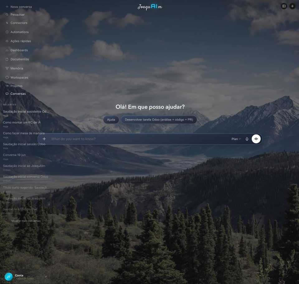 JoaquAIm — ecrã de chat com fundo montanhas